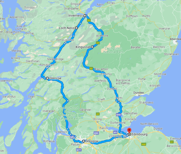 Carte road trip en Ecosse de 7 jours